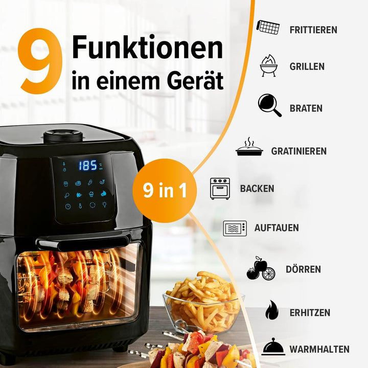 Gourmetmaxx Digitale Heißluftfritteuse XXL - 9L Ofen | Airfryer Mit Timerfunktion, Touchdisplay, Drehspieß, Schaschlikspießen | Fettarm, Energiesparend Frittieren | 8 Programme, 1800 W