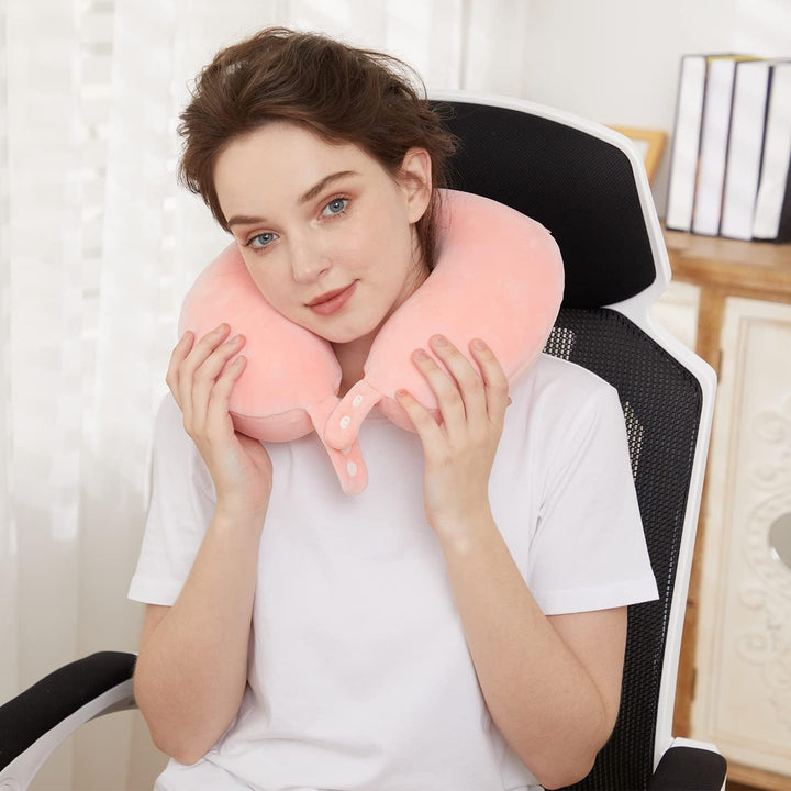 TALLGO Travel Neck Pillow, cea mai bună pernă de avion din spumă de memorie pentru tetieră, pernă moale reglabilă pentru avion, mașină și casă, roz