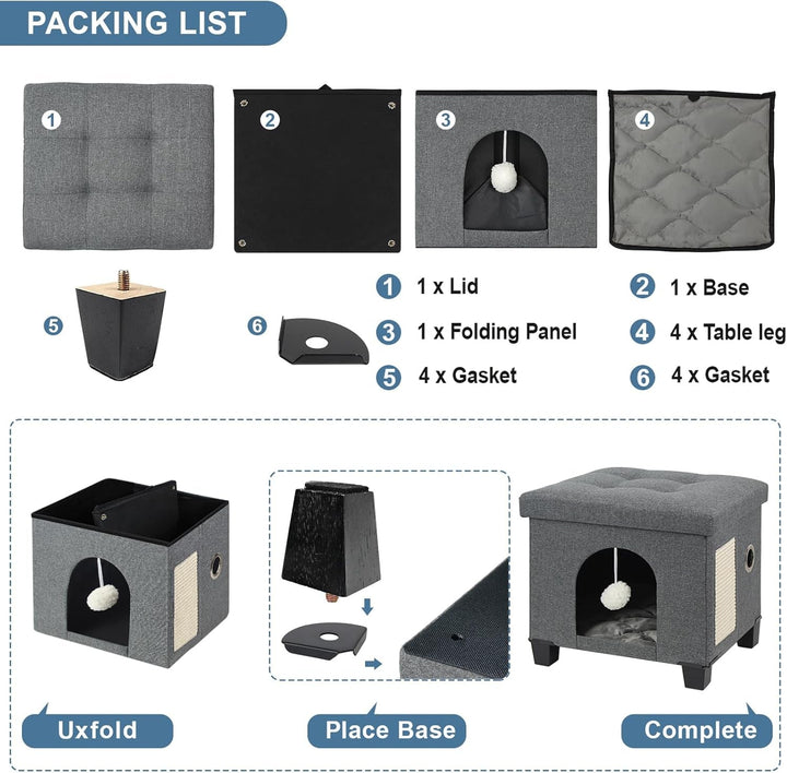 BRIAN & DANY Peșteră pentru Pisici, Căsuță pentru Pisici din In, cu Zonă de Zgâriat și Minge de Joacă, 45 x 37,5 x 38 cm, Gri Închis