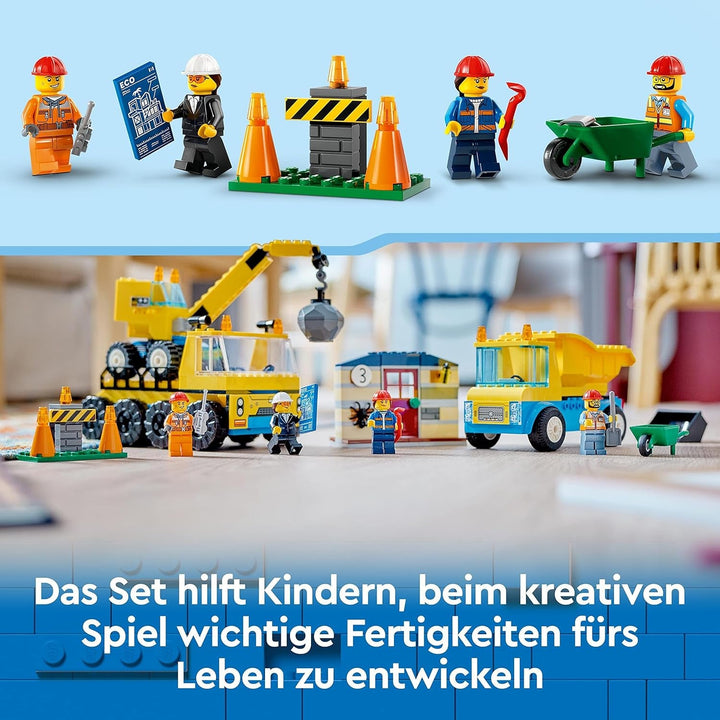 LEGO 60391 Vehicule de construcții urbane și macara cu minge de distrugere, jucărie cu excavator, autobasculantă și vehicule de transport, jucărie educativă pentru copii de 4 ani și peste