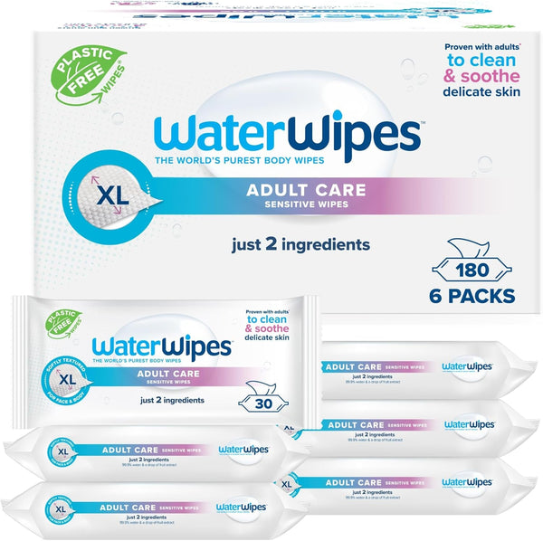 Waterwipes Adult Care Body & Intimate Hygiene Wipes, 180 șervețele (6 pachete), 99,9% apă, 3-In-1 Curăță, Hrănește, Protejează, Neparfumate, Ambalajul poate varia