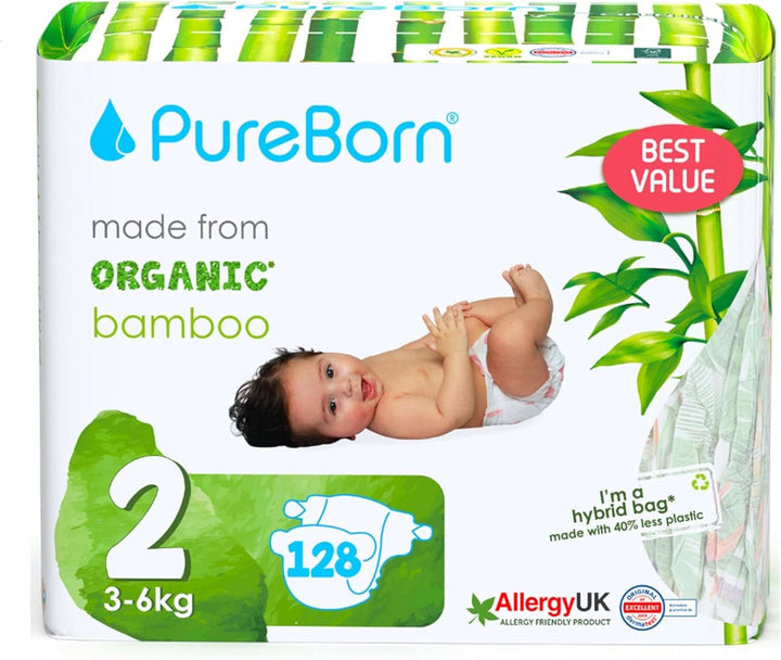 Pureborn Eco Bio-Bambus Windeln, Größe 2 (3-6 Kg), 128 Stück, Umweltfreundlich, Hypoallergen, Ultraweich, Mit Nässeindikator, Diverser Aufdruck