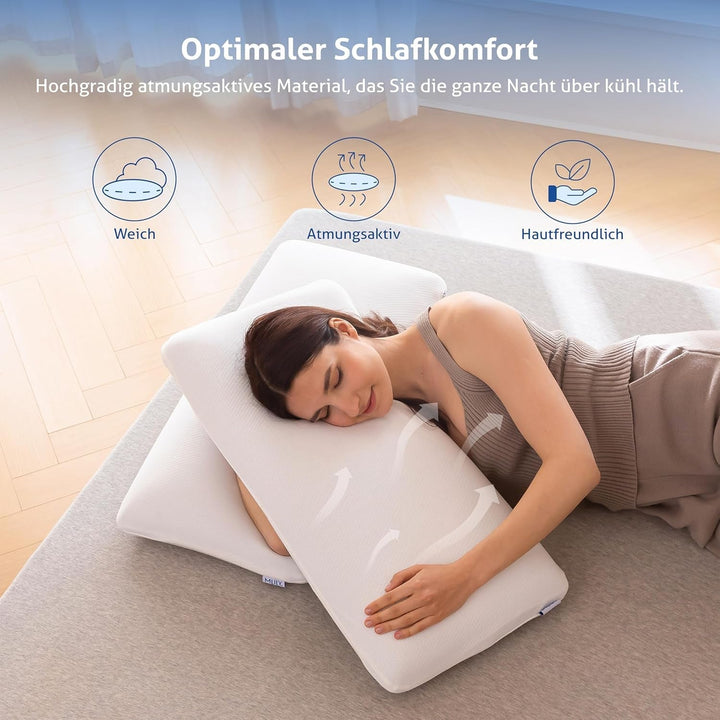 MLILY Pillow Essence 75X35 Cm Memory Foam Pillow, pernă ergonomică moale pentru susținerea gâtului cu spumă vâscoelastică albastră, ventilație respirabilă, capac lavabil, 35X75 Cm