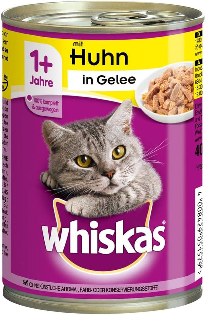 Whiskas hrană umedă pentru pisici Adult 1+ cu pui în jeleu, 12 cutii (12 X 400G)