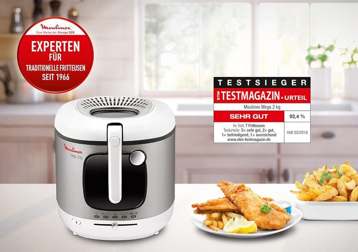 AM4800 Mega 2Kg Fritteuse | Fritteuse Mit Öl | Anti-Geruchs-Filter | Regelbare Temperatur | Leichte Reinigung | Knusprige Pommes | 1.800 Watt | Für Bis Zu 8 Personen | Weiß/Silber | Gross