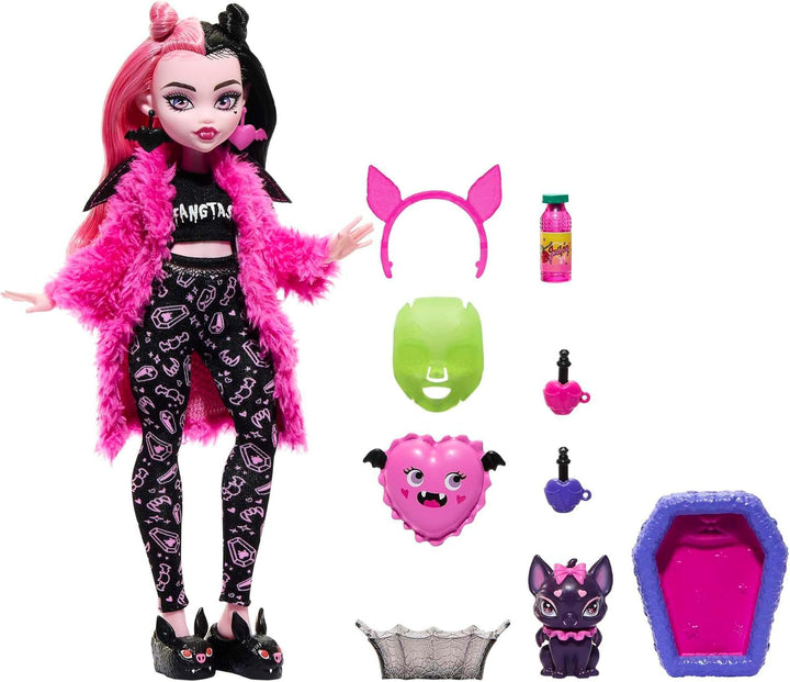 Păpușă MONSTER HIGH și accesorii pentru petrecerea în pijamale, animalul de companie al păpușii Draculaura Bat Count Fabulous, Creepover Party, HPY66