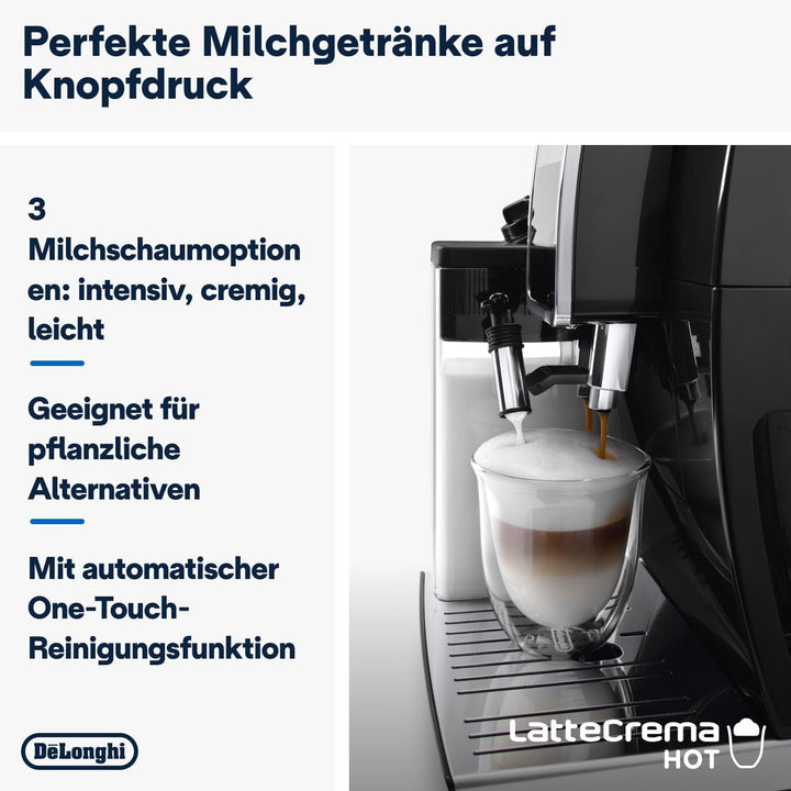 De'Longhi Dinamica plus ECAM382.70.B, Espressor automat pentru boabe de cafea, Espressor Cappuccino cu Latte Crema Hot, Espressor cu 18 rețete, Ecran TFT de 3,5 inci, 1450 W, Negru