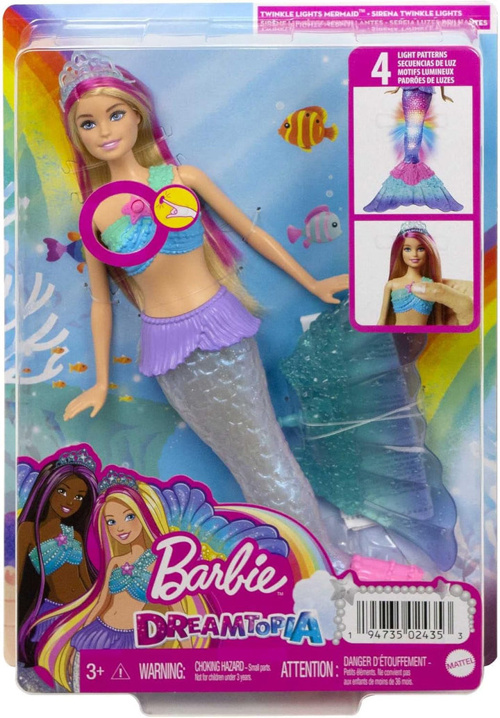 Barbie Dreamtopia Magic Light Mermaid Doll cu păr blond, păpușă Barbie cu coadă de sirenă, potrivită ca cadou pentru copii de la 3 ani, HDJ36