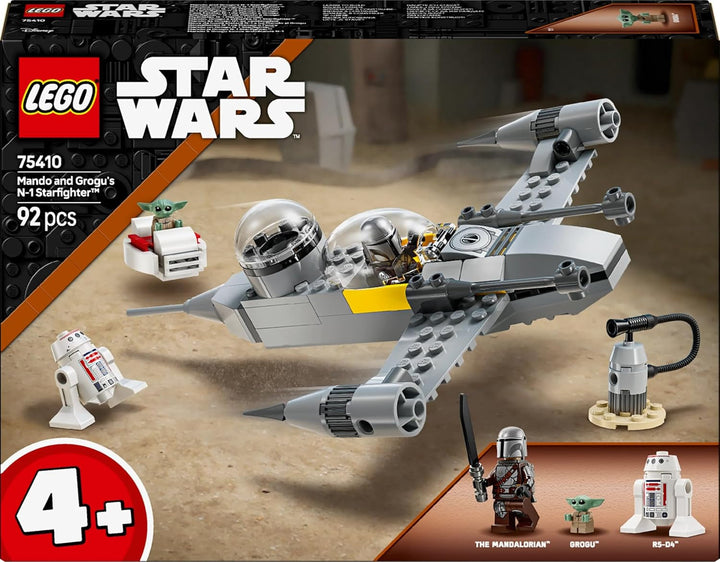 Jucărie LEGO Star Wars 75410 Mandos și Grogus N-1 Starfighter cu minifigurinele Mandalorian, Grogu și R5-D4, inclusiv coloană construibilă, set de pornire pentru nave stelare pentru băieți și fete de la 4 ani