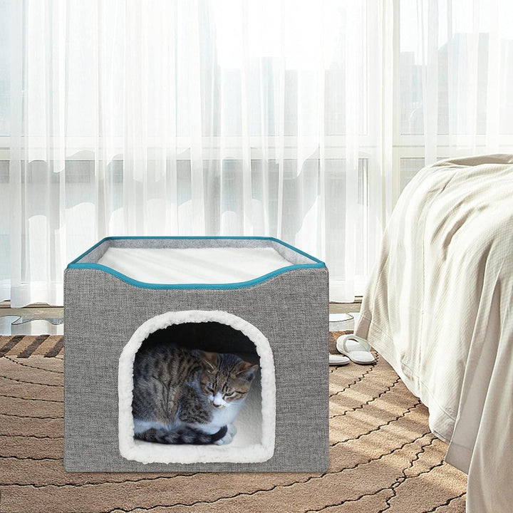 BRIAN & DANY Peșteră pliabilă pentru pisici, căsuță mare pentru pisici, peșteră pentru pisici de interior cu zgârietură și minge de joacă, 40 x 40 x 32 cm, gri