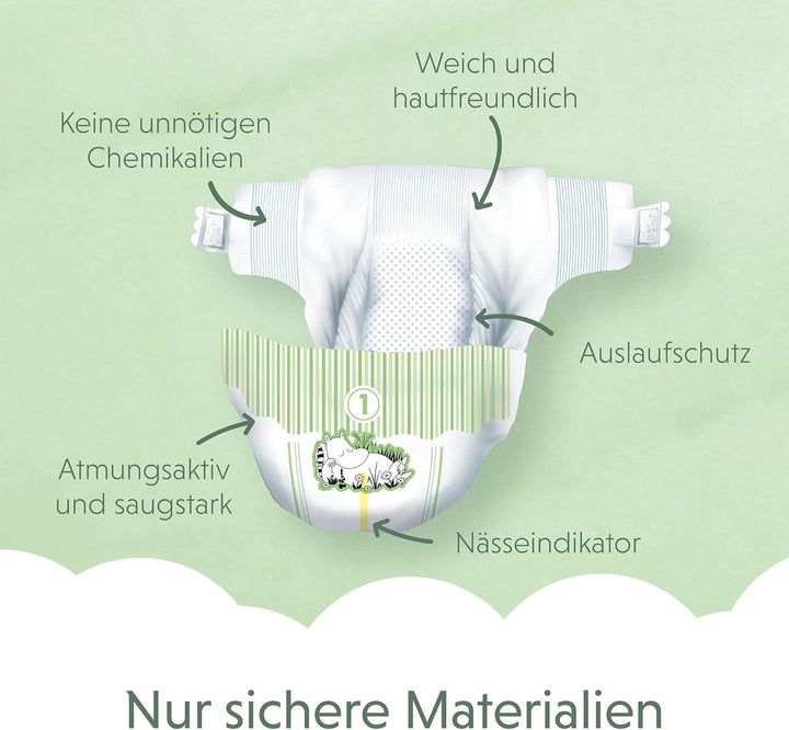 Muumi Baby Newborn Eco Nappies mărimea 1, 2-5 kg, 25 bucăți, scutece premium moi cu indicator de umezeală 