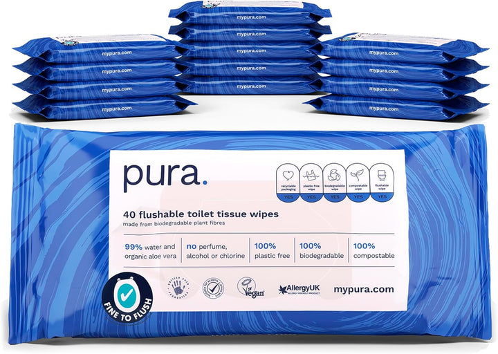 Șervețele umede Eco Flushable, 1 pachet (40 de șervețele), 100% fără plastic, 99% apă, șervețele umede sensibile și hrănitoare, certificate "Fine to Flush" Biodegradabile, Vegan (pachet cu 3)