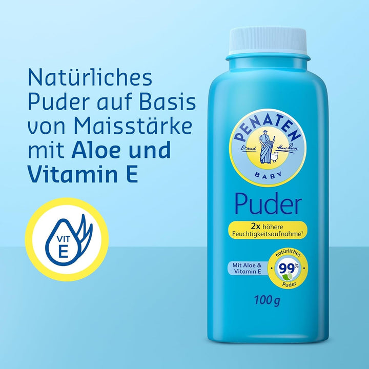 Pudră naturală pentru bebeluși Penaten cu aloe și vitamina E (1x 100g)- Protejează pielea sensibilă, absoarbe umezeala și menține pielea uscată- Aprobat dermatologic-99% ingrediente de origine naturală