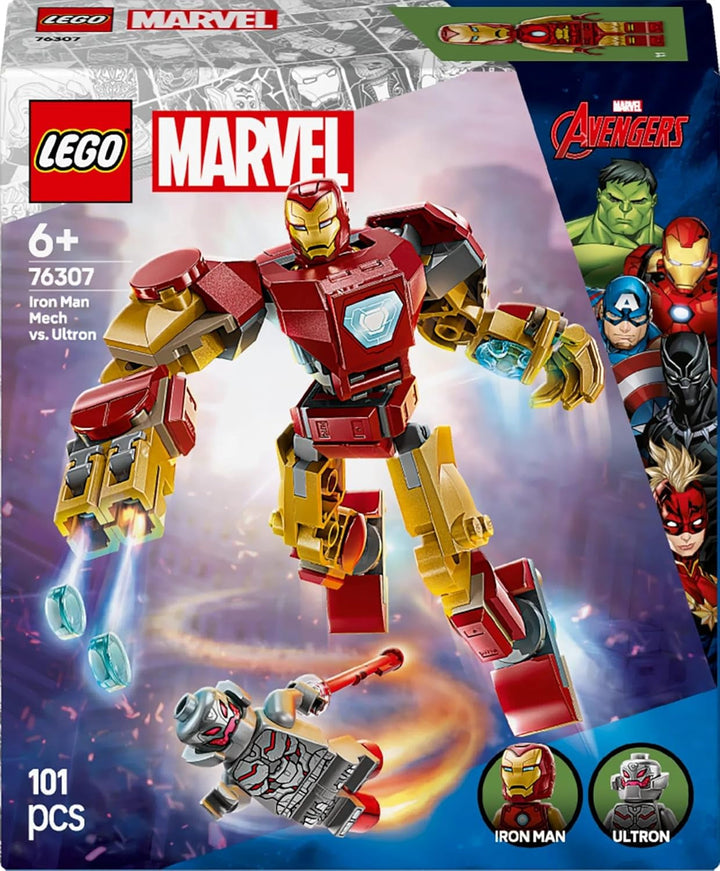 LEGO Marvel Iron Man Mech Vs. Ultron - Jucărie de supererou cu 2 minifigurine - Figură de acțiune cu brațe, picioare și degete mobile - Cadou pentru băieți și fete cu vârsta peste 6 ani 76307