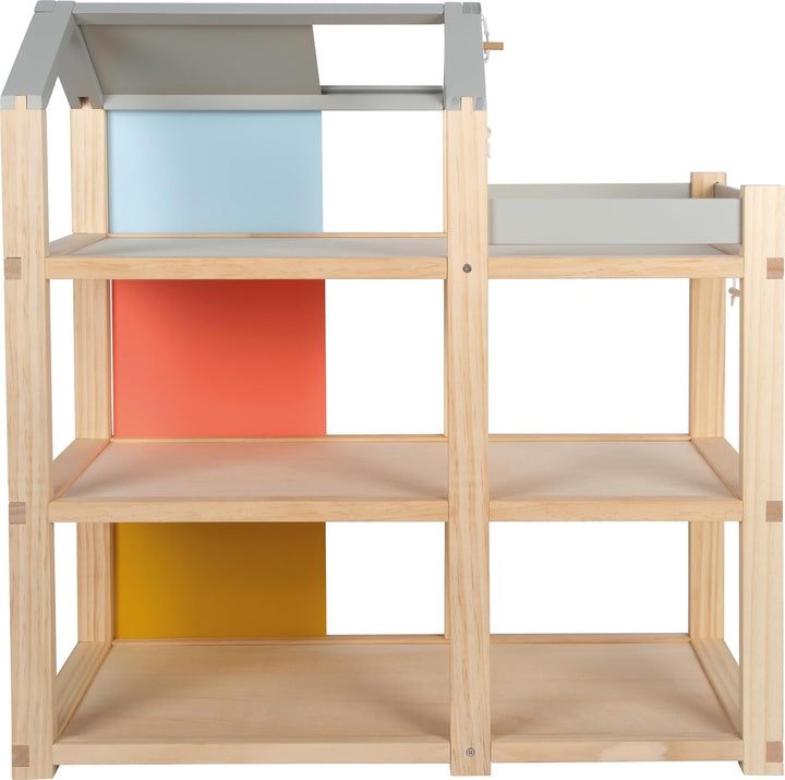Casă de păpuși din lemn Small Foot, culori naturale - 3 etaje cu terasă pe acoperiș și set de mobilier din 51 de piese, încurajează jocul creativ, potrivită de la 3 ani, 12541
