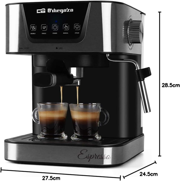 Aparat de cafea Orbegozo pentru espresso și cappuccino EX 6000, 20 bar presiune, recipient de 1,5 litri, potrivit pentru doze unice, 1050 W putere, negru