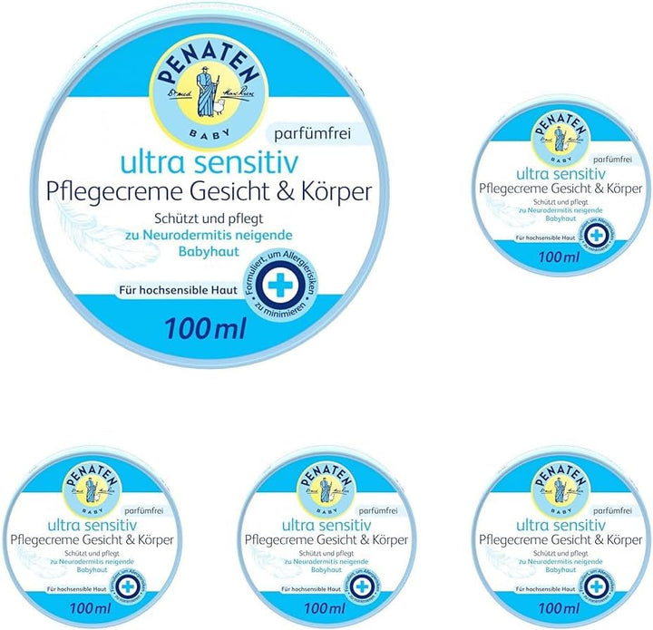 PENATEN Ultra Sensitive Care Cream Face & Body (100ml) cremă de față și de corp pentru bebeluși fără parfum, cremă hidratantă protectoare și hrănitoare pentru pielea foarte sensibilă a bebelușilor predispuși la neurodermatită