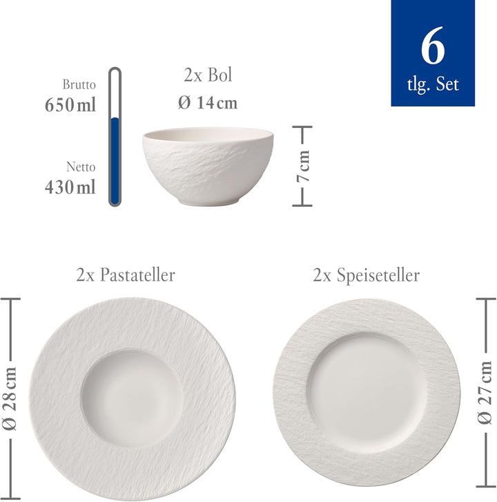 Villeroy & Boch – Manufacture Rock Blanc Geschirrset 6 Teilig Weiß, Spülmaschinenfest, Mikrowellensicher, Geschirr Modern, Starter Set, Speiseteller, Pastateller, Müslischalen, Premium Porzellan