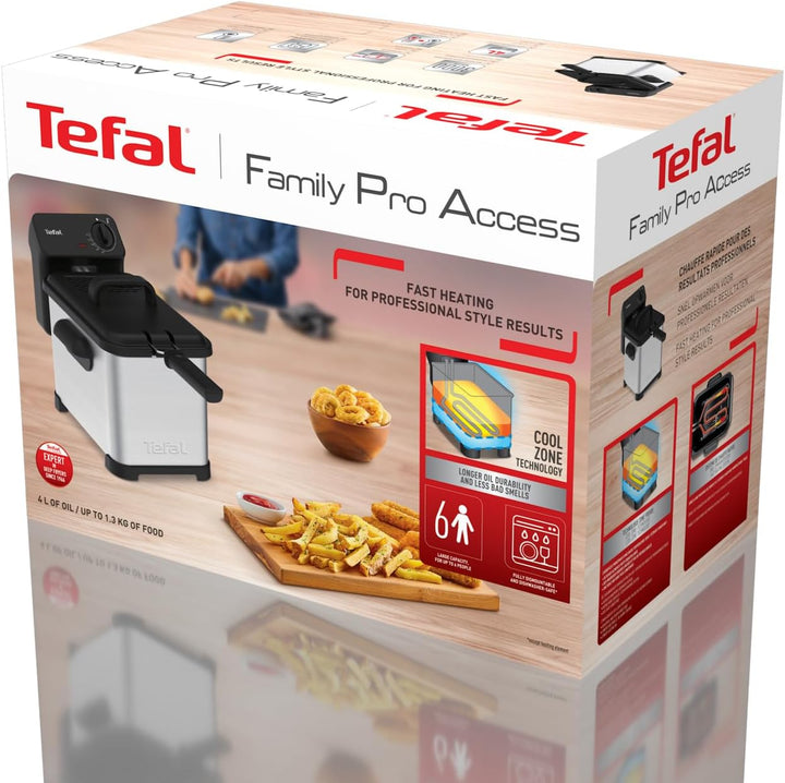 Tefal Family Pro Access 4,0L Fritteuse, 3000 Watt, Semiprofessionell Mit Öl, Herausnehmbarer Ölbehälter, Kühlzonen-Technologie, Leichte Reinigung, Knusprige Pommes, Edelstahl, Schwarz, FR5030