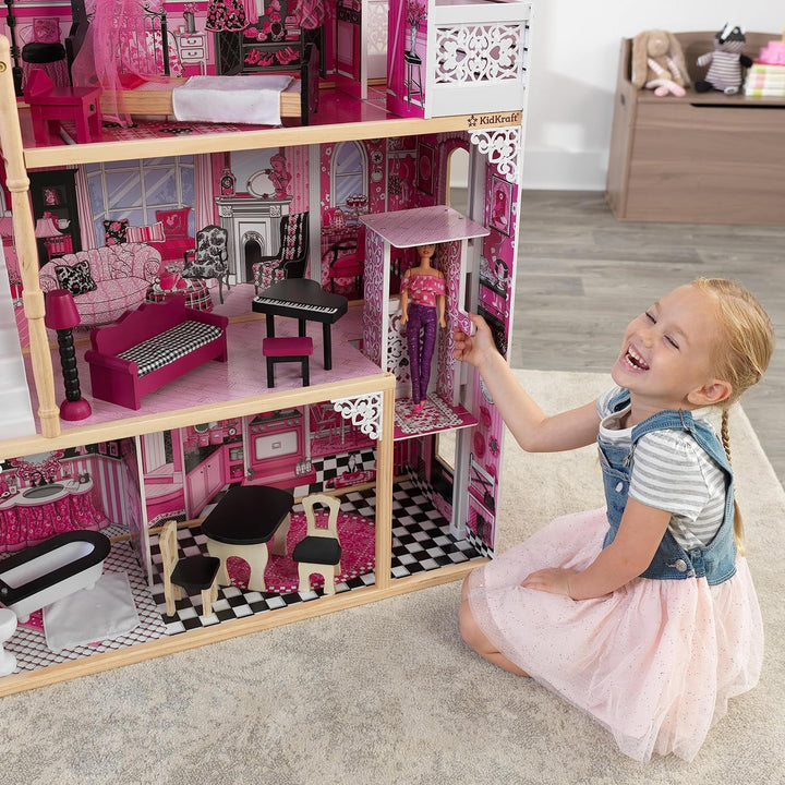 Casă de păpuși din lemn Kidkraft Amelia cu mobilier și accesorii, set de joacă cu balcon și lift pentru păpuși de 30 cm, jucărie pentru copii de la 3 ani, 65093