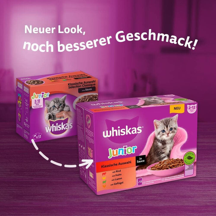 Hrană umedă pentru pisici Whiskas Junior Classic Choice în sos, 48 de pliculețe, 12X85G (pachet de 4) - Hrană umedă pentru pisici de înaltă calitate, pentru pisici în creștere de la 2 la 12 luni