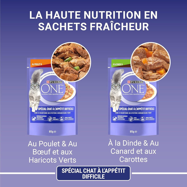 Purina One - Hrană specială în sos carne de vită/pui/canard și curcan pentru pisici cu apetit, 340 G