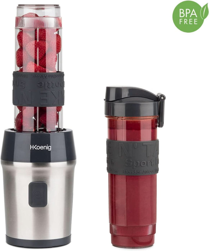 H.Koenig Smoothie Maker SMOO9 - Mini Standmixer - Mini Blender - 300 Watt - 570 Ml - Edelstahl - 2 Kunststofflaschen - Bpa-Frei, Grau