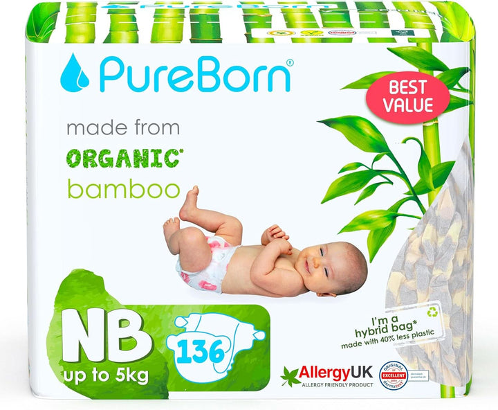 Pureborn Eco Bio-Bambus Windeln, Größe Für Neugeborene (Bis 5 Kg), 272 Stück (2 X 136), Umweltfreundlich, Hypoallergen, Ultraweich, Mit Nässeindikator, Diverser Aufdruck