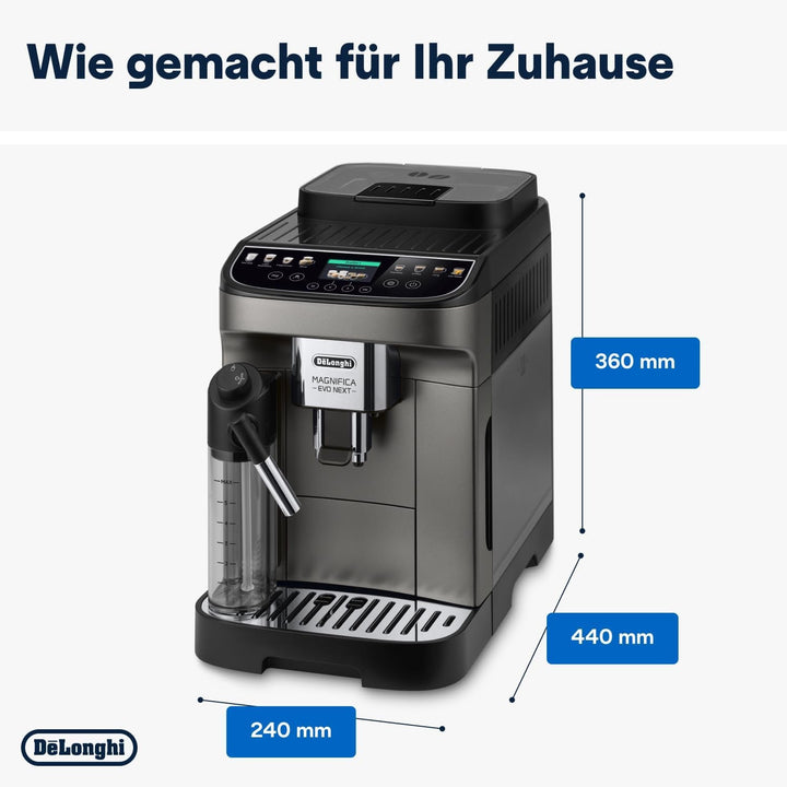 De'Longhi Magnifica Evo Next ECAM312.80.TB, aparat de cafea complet automat cu 13 băuturi (cappuccino, espresso, latte macchiato), ecran color TFT de 2,4'', sistem latte crema lapte, funcție 2 căni, titan