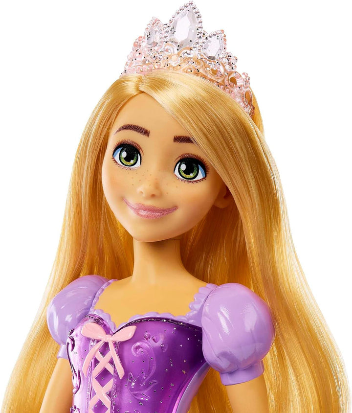 Mattel Disney Princess Rapunzel doll, Păr lung de coafat, Mobil, Pantofi și diademă detașabile, Cadouri Disney, Jucării de la 3 ani, HLW03