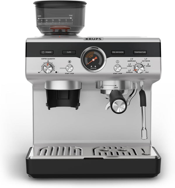 Krups Precision Mașină portafilter manuală Cu râșniță, Mașină de cafea Barista Cu panou de control intuitiv, Setări de pre-infuzie, Mașină espresso Cu duză de abur, Încălzire rapidă, XP801T10