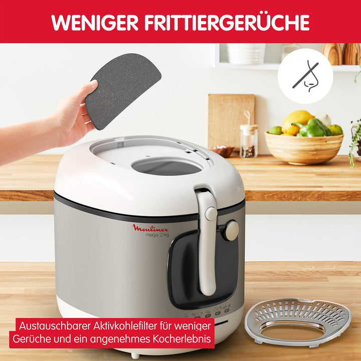 AM4800 Mega 2Kg Fritteuse | Fritteuse Mit Öl | Anti-Geruchs-Filter | Regelbare Temperatur | Leichte Reinigung | Knusprige Pommes | 1.800 Watt | Für Bis Zu 8 Personen | Weiß/Silber | Gross