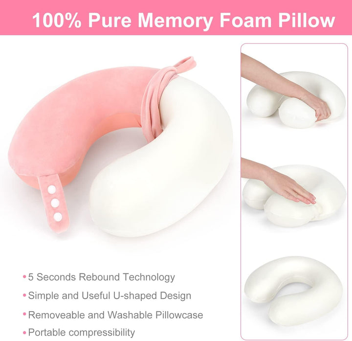 TALLGO Travel Neck Pillow, cea mai bună pernă de avion din spumă de memorie pentru tetieră, pernă moale reglabilă pentru avion, mașină și casă, roz