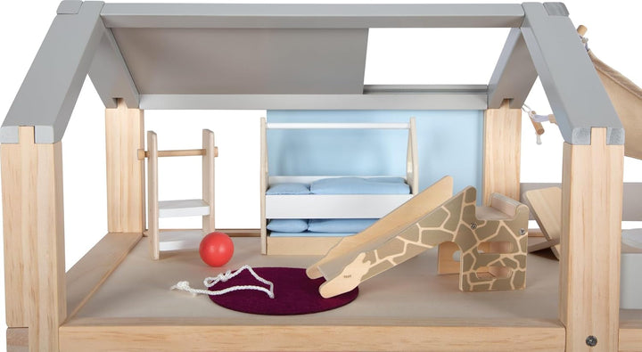 Casă de păpuși din lemn Small Foot, culori naturale - 3 etaje cu terasă pe acoperiș și set de mobilier din 51 de piese, încurajează jocul creativ, potrivită de la 3 ani, 12541