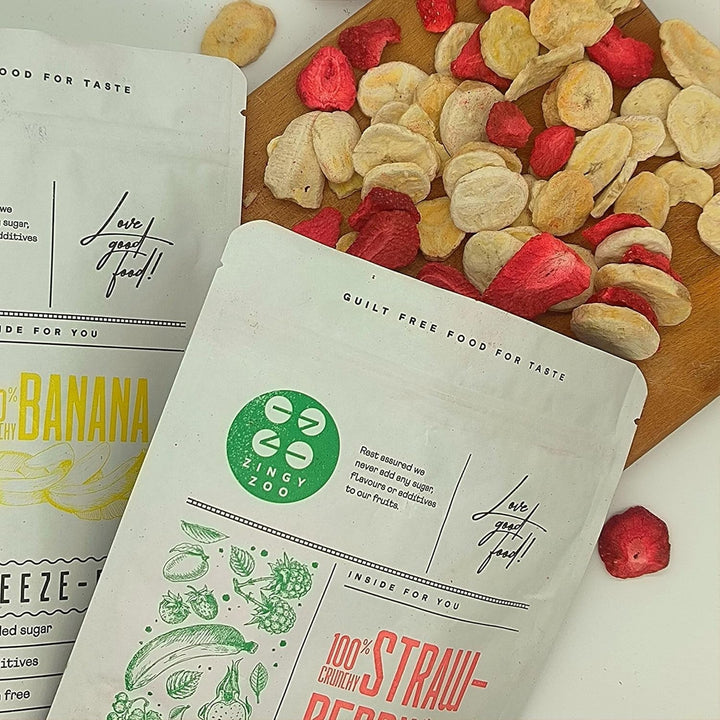 Mix de fructe liofilizate ErdBana XL 300g | Banane liofilizate + căpșuni liofilizate Set degustare fructe liofilizate | Mix de fructe liofilizate căpșuni și banane | ZingyZoo Produse deshidratate Naty Shop