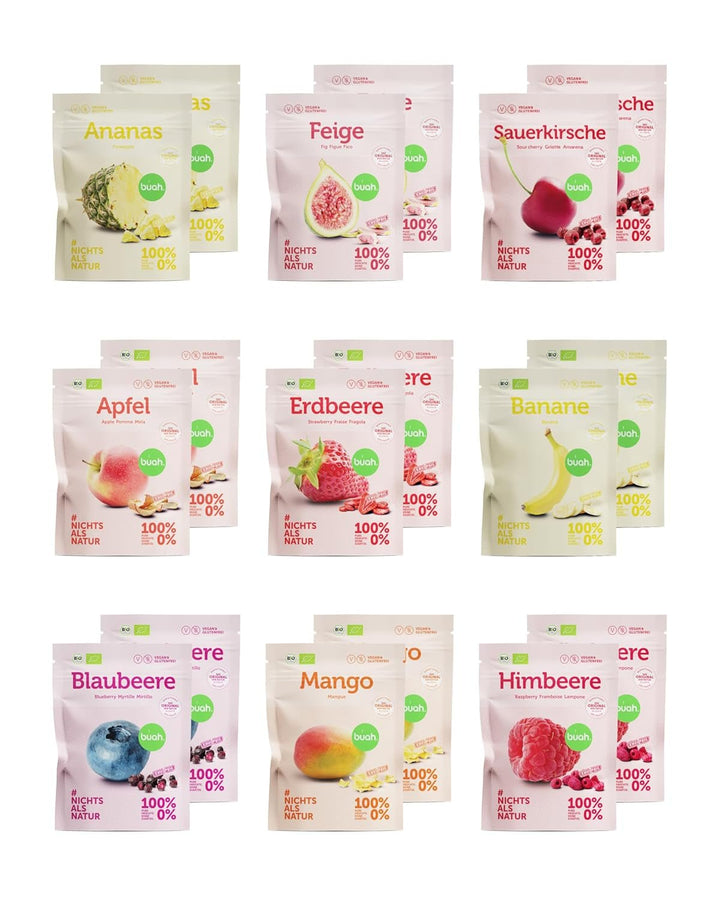 Set de degustare de fructe liofilizate BUAH® | Gustare perfectă de chipsuri crocante din fructe | Alternativă de dulciuri fără zahăr adăugat, toppinguri pentru terci | Vegan Fără gluten Produse deshidratate Naty Shop Pachet de 18