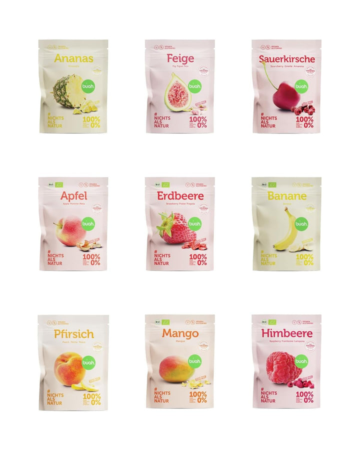 Set de degustare de fructe liofilizate BUAH® | Gustare perfectă de chipsuri crocante din fructe | Alternativă de dulciuri fără zahăr adăugat, toppinguri pentru terci | Vegan Fără gluten Produse deshidratate Naty Shop Pachet de 9 (Nou)