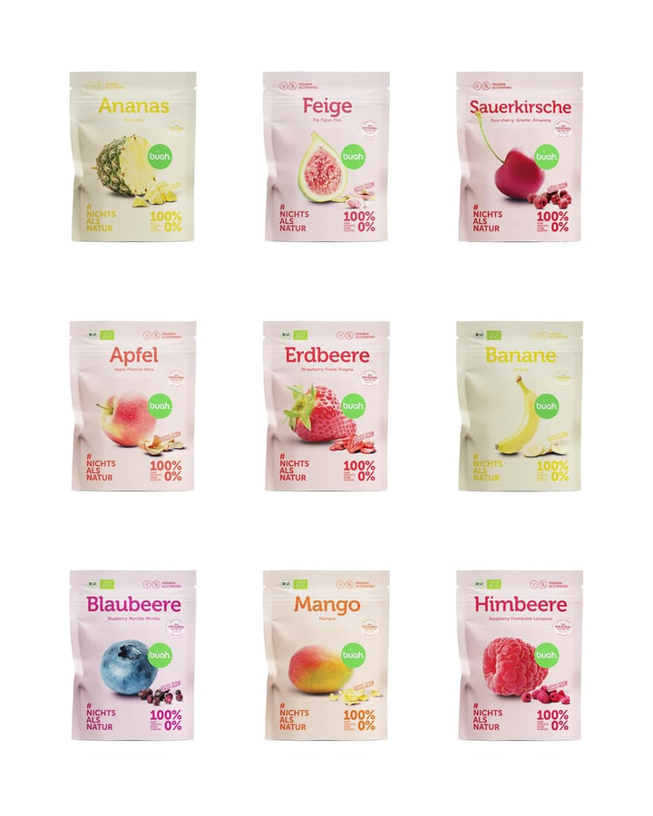 Set de degustare de fructe liofilizate BUAH® | Gustare perfectă de chipsuri crocante din fructe | Alternativă de dulciuri fără zahăr adăugat, toppinguri pentru terci | Vegan Fără gluten Produse deshidratate Naty Shop Pachet de 9