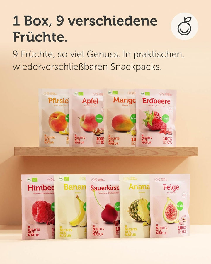 Set de degustare de fructe liofilizate BUAH® | Gustare perfectă de chipsuri crocante din fructe | Alternativă de dulciuri fără zahăr adăugat, toppinguri pentru terci | Vegan Fără gluten Produse deshidratate Naty Shop